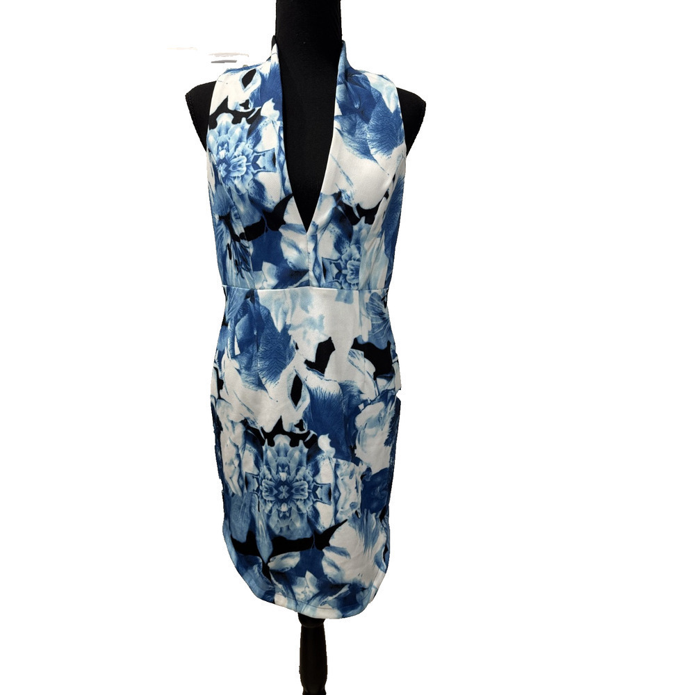 Lulu's Blue Floral Cottagecore Dress V-Neck Sheath Sleeveless Wedding Size Large